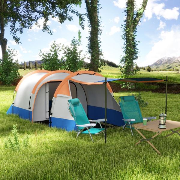 Tenda de Campismo Familiar para 2 - 3 Pessoas com 2 Áreas e Bolsa de Transporte Impermeável 420x200x150 cm Cinza e Laranja
