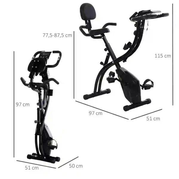 Bicicleta ergométrica dobrável ajustável em altura e resistência com tela LCD e assento com encosto 51x97x115 cm Preto