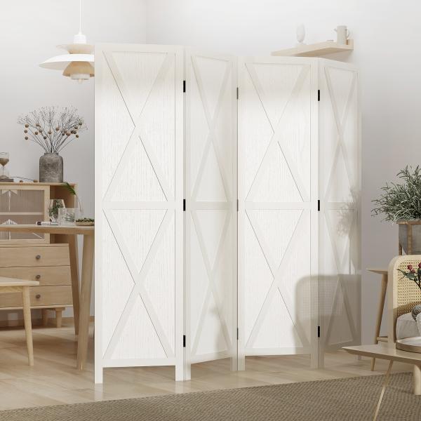 Biombo de 4 Paineis Separador de Ambientes Dobrável 182x170cm Divisória para Espaços de Madeira Decoração Elegante para Dormitório Sala de Estar Branco