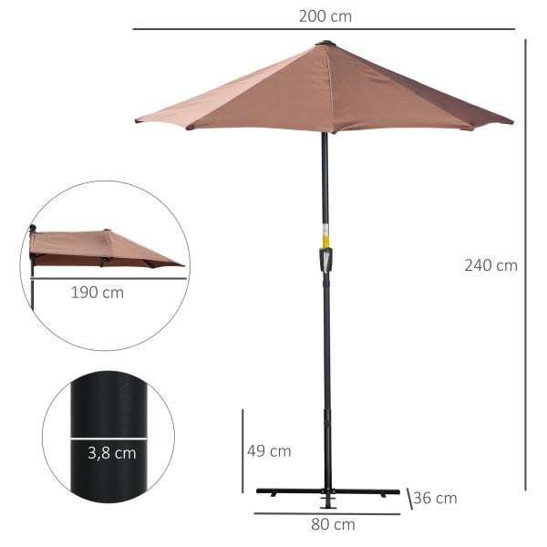 Chapéu de Sol de Parede 200x190x240 cm com Manivela Poste de Aço e Base Cruzada Anti - UV para Terraço Varanda Castanho