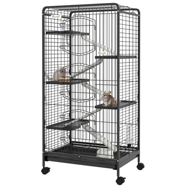 Gaiola para Pequenos Animais com 6 Níveis Gaiola para Roedores com Rodas Rampa e Bandeja Amovível 61,5x44x131 cm Preto