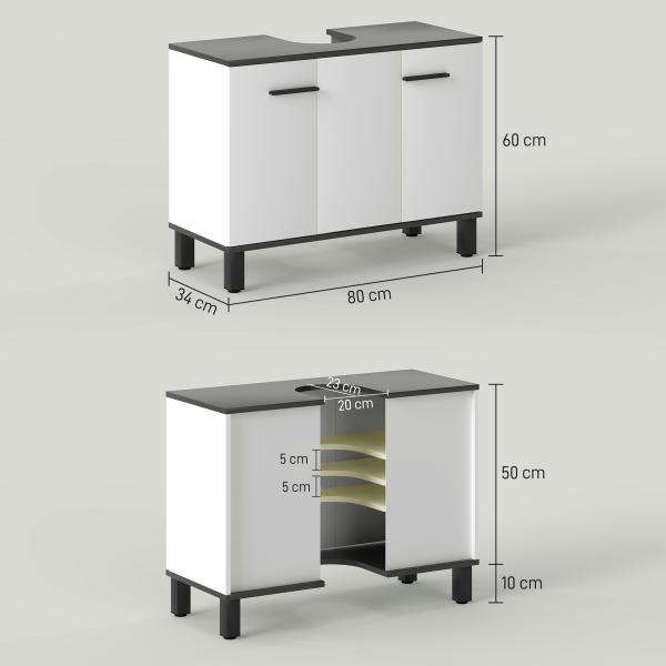 Móvel para Lavatório Pousar Móvel Casa de Banho com 2 Portas e Prateleira Ajustável para Lavatório com ou sem Pedestral 80x34x60 cm Branco Brilhante