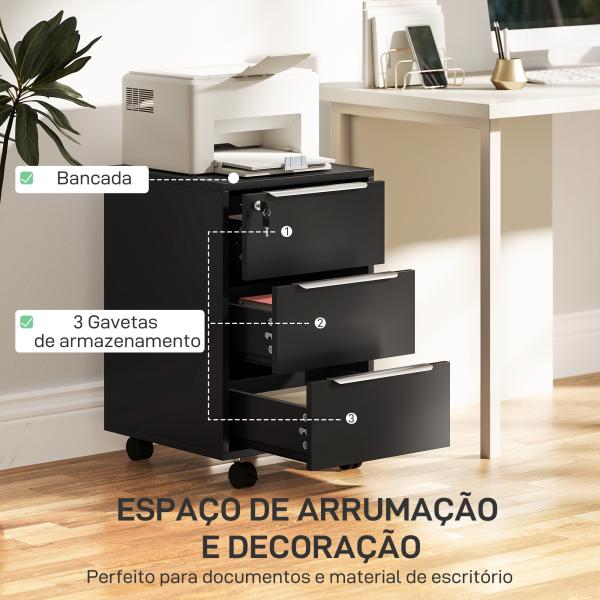 Arquivador de Escritório com 3 Gavetas Rodas Fecho e 2 Chaves Arquivador Móvel 40x40x63,5 cm Preto