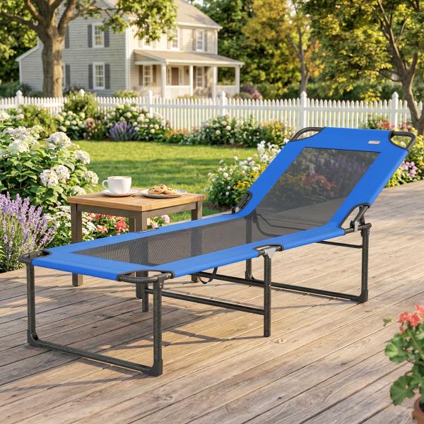 Espreguiçadeira Dobrável com Encosto Ajustável em 4 Posições, Alças e Encosto de Textilene Suporta até 120 kg 175x58x68 cm Azul