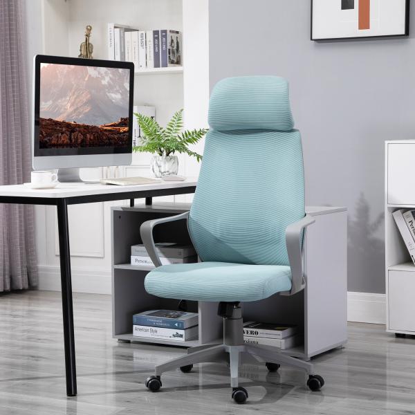 Cadeira de escritório ergonômica Cadeira de mesa inclinável ajustável em altura com encosto de braço Encosto de cabeça 5 rodas Suporta até 120 kg 64x58x116 - 126 cm Azul