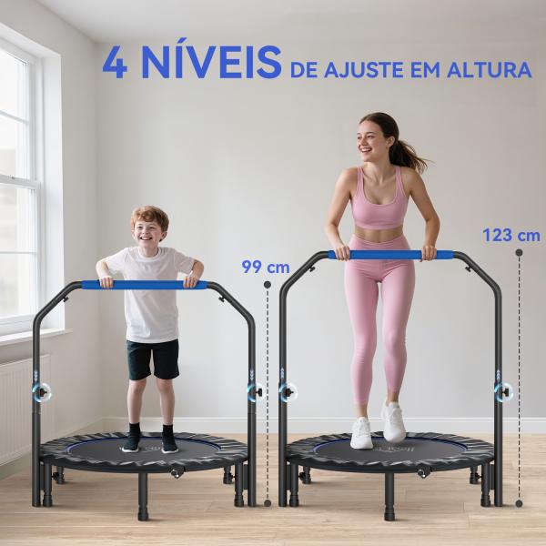 Trampolim Fitness Ø114 Trampolim Dobrável com Pega Ajustável em 4 Níveis Estrutura de Aço Azul