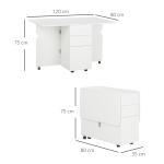 Mesa de Cozinha Dobrável com Laterais Dobráveis 6 Rodas e 2 Gavetas de Armazenamento 120x80x75 cm Branco