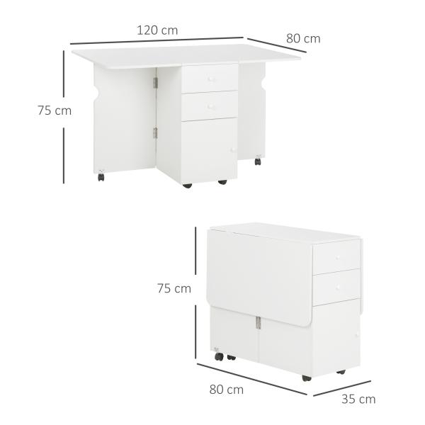 Mesa de Cozinha Dobrável com Laterais Dobráveis 6 Rodas e 2 Gavetas de Armazenamento 120x80x75 cm Branco