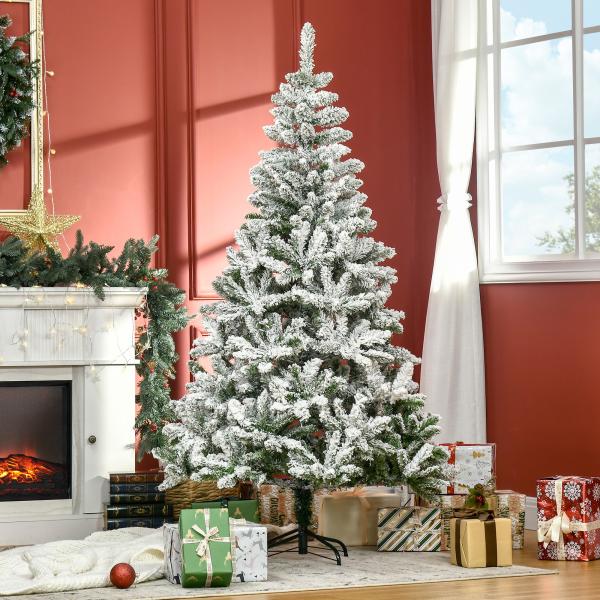 Árvore de Natal Artificial 180cm com Neve Ignífugo com 750 Ramos Folhas de PVC Base Dobrável Verde