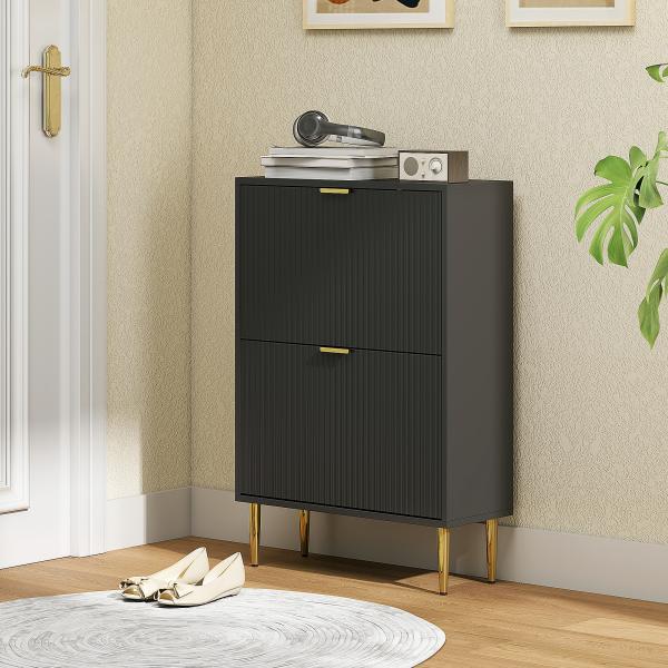 Sapateira Estreita com 2 Portas Caneladas e Prateleiras Ajustáveis para 12 Pares de Sapatos, 60x24x91,5 cm, Preto