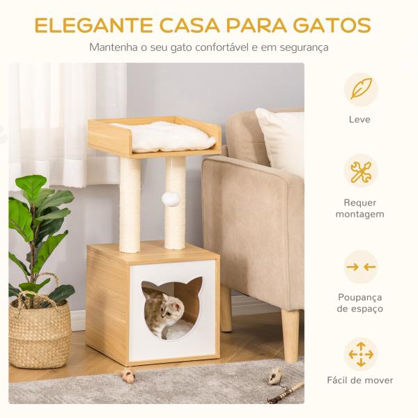 Árvore para Gatos de 2 Níveis com Caverna Superior Postes Arranhadores de Sisal Natural Almofadas Laváveis e Bola de Brinquedo 35x35x81cm Carvalho
