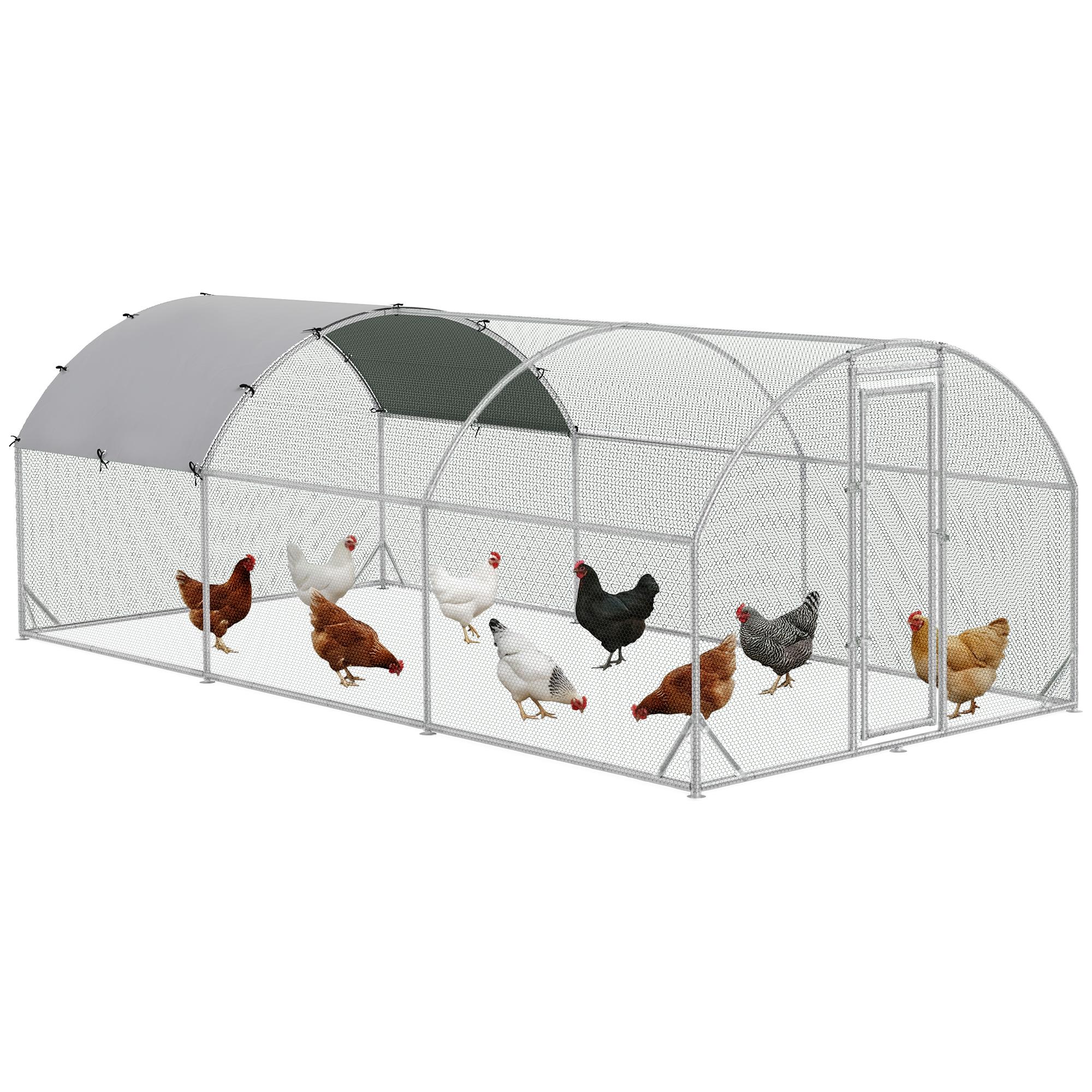 Galinheiro para Exterior Grande com Teto de Tecido Oxford e Fechadura para 12 - 18 Galinhas 5,7x2,8x1,97cm Prata