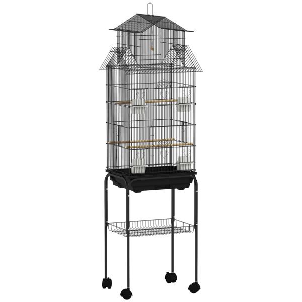 Gaiola de Metal para Pássaros com Bandeja Amovível Rodas 4 Comedouros 3 Poleiros e 1 Baloiço 50,5x41x163 cm Preto