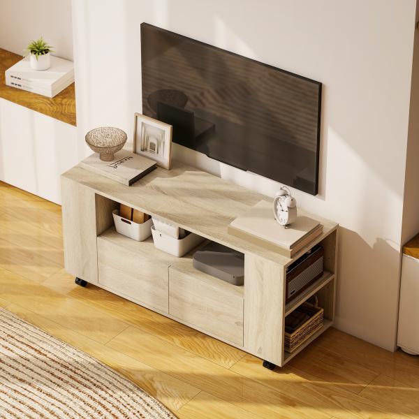 Móvel de TV com Rodas para Televisão até 42 Polegadas com 2 Gavetas Prateleiras Ajustáveis 102x34,5x48,5 cm Madeira