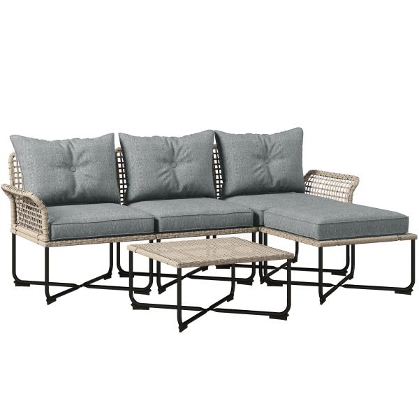 Conjunto de Jardim em Vime Sintético Conjunto de Móveis de Exterior com Sofá de 4 Módulos 1 Mesa de Centro e Almofadas Cinza