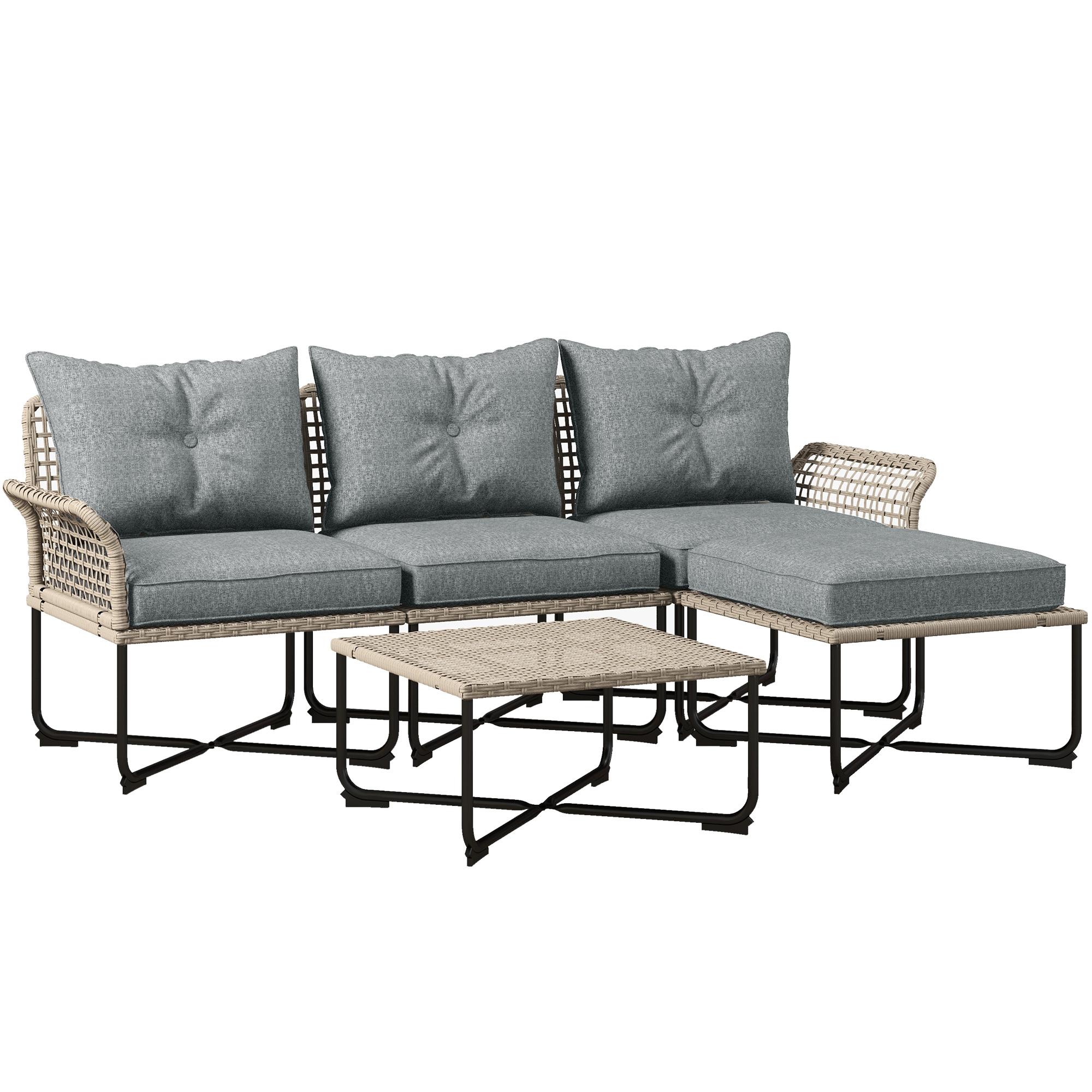 Conjunto de Jardim em Vime Sintético Conjunto de Móveis de Exterior com Sofá de 4 Módulos 1 Mesa de Centro e Almofadas Cinza