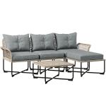 Conjunto de Jardim em Vime Sintético Conjunto de Móveis de Exterior com Sofá de 4 Módulos 1 Mesa de Centro e Almofadas Cinza