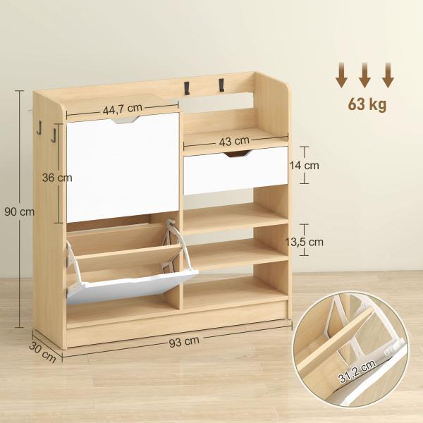 Sapateira Estreita com Prateleiras Ajustáveis Gaveta e 4 Ganchos para 14 Pares de Sapatos 93x30x90 cm Madeira e Branco