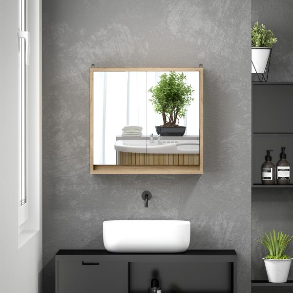 Armário de Casa de Banho com Espelho Móvel Suspenso de Casa de Banho com Prateleira Interior Ajustável 48x14,5x45 cm Madeira
