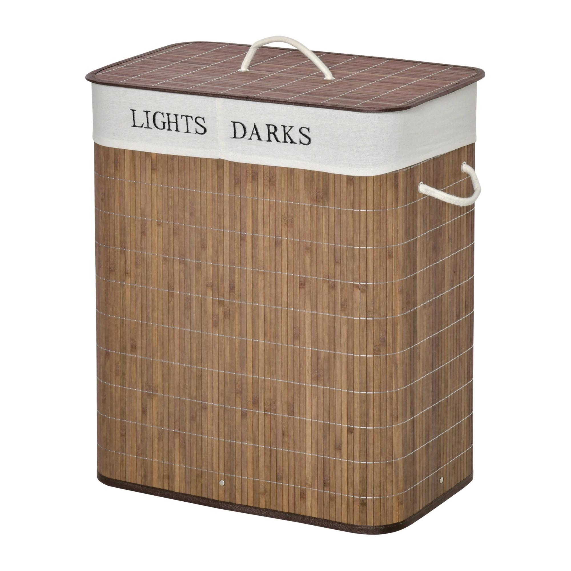 Cesto de Roupa de Bambú Capacidade de 100L Cesta para Roupa Suja Retangular com Tampa Removível Bolsa com 2 Compartimentos 52x32x63cm Marrom