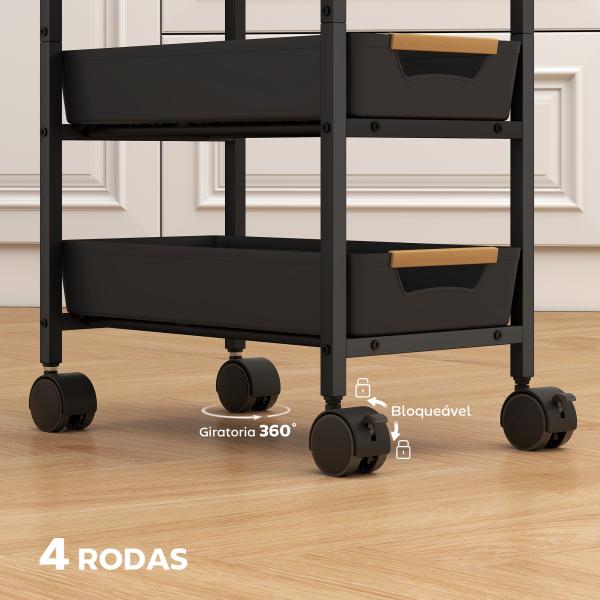 Carrinho de Cozinha de Armazenamento de 5 Níveis Carrinho Auxiliar com Rodas Bancada com Efeito Madeira 39,5x24x82 cm Preto