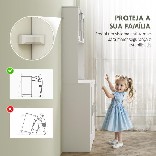 Armário de Cozinha com 2 Portas de Vidro Bancada Ampla para Micro - ondas Compartimentos Abertos Prateleiras Ajustáveis Branco