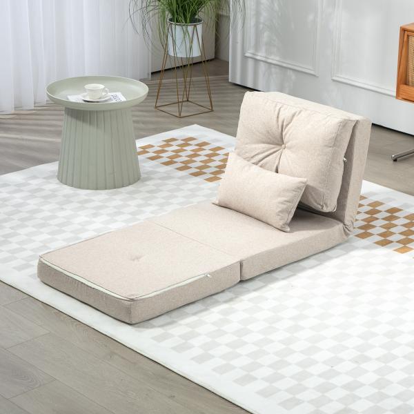Sofá - Cama Individual Dobrável Estofado em Linho com Encosto Ajustável 5 Posições e 1 Almofada Bege
