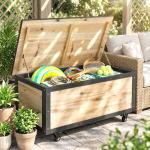 Baú de Exterior 121 L Baú de Armazenamento em Madeira com 4 Rodas para Jardim Pátio Varanda 100x50x43 cm Natural e Preto
