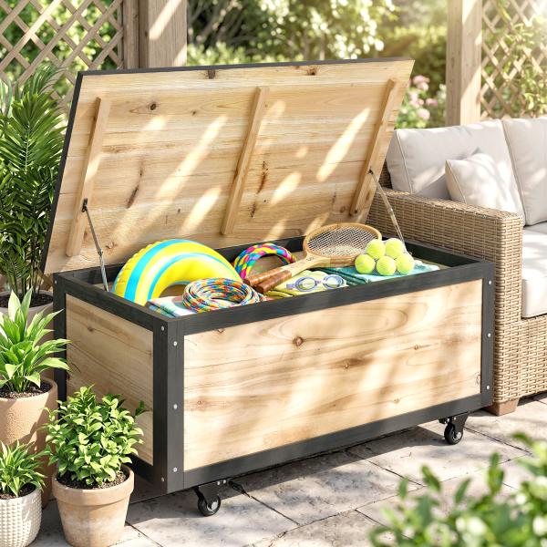 Baú de Exterior 121 L Baú de Armazenamento em Madeira com 4 Rodas para Jardim Pátio Varanda 100x50x43 cm Natural e Preto