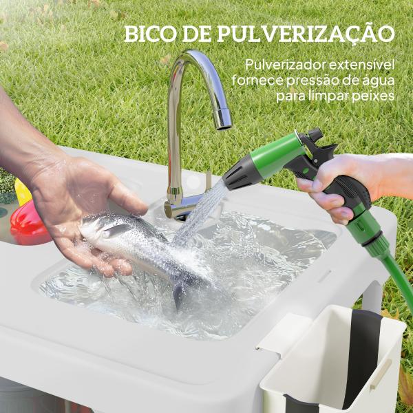 Mesa para Campismo Dobrável Mesa com 2 Lavatórios Mangueira de Drenagem Estação de Limpeza 108x58x92 cm Branco
