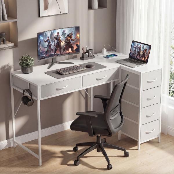 Secretária de Canto Reversível com 6 Gavetas 126x48 cm com Tomada de Energia Porta USB e USB - C Branco