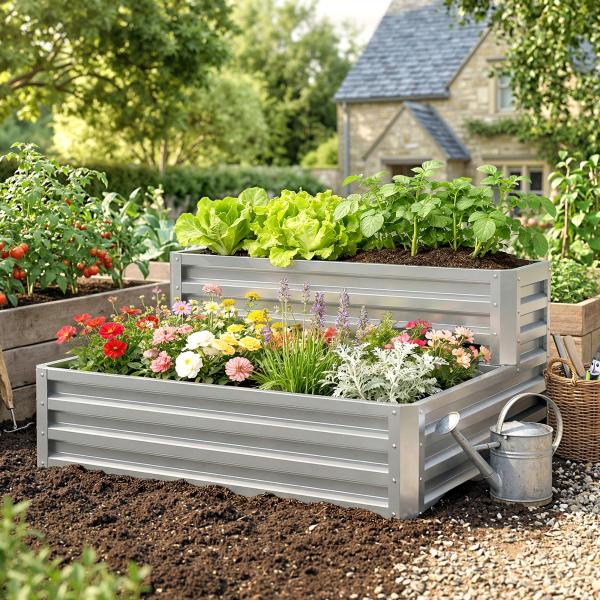 Caixa de Cultivo de 2 Níveis em Aço Galvanizado com Design em Escada e Fundo Aberto 120x101x58 cm Prata