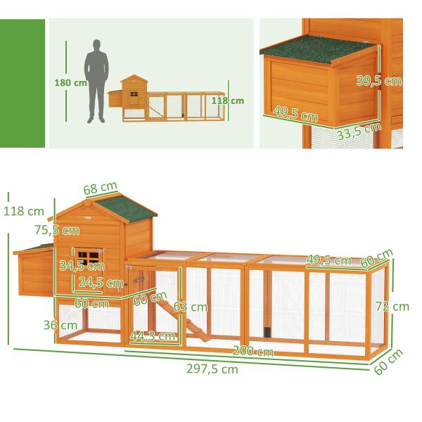 Galinheiro de Madeira para 3 - 6 Galinhas com Teto Asfáltico Porta com Trava Bandeja Amovível e Rampa 297,5x68x118cm Madeira
