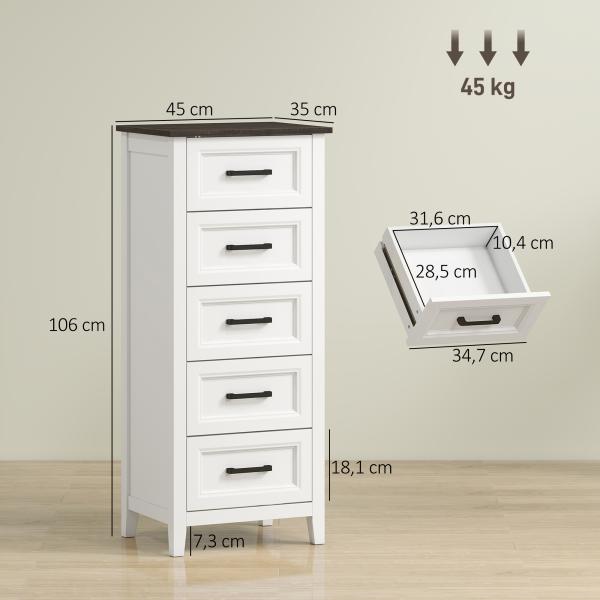 Cómoda 5 Gavetas Cómoda de Dormitório Estreita e Alta com Bancada com Efeito Madeira 45x35x106 cm Branco