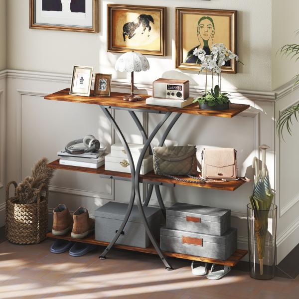 Mesa Consola de 3 Níveis Estilo Industrial com 2 Prateleiras Abertas e Estrutura Metálica em X Consola Estreita 110x30x91 cm Castanho Rústico