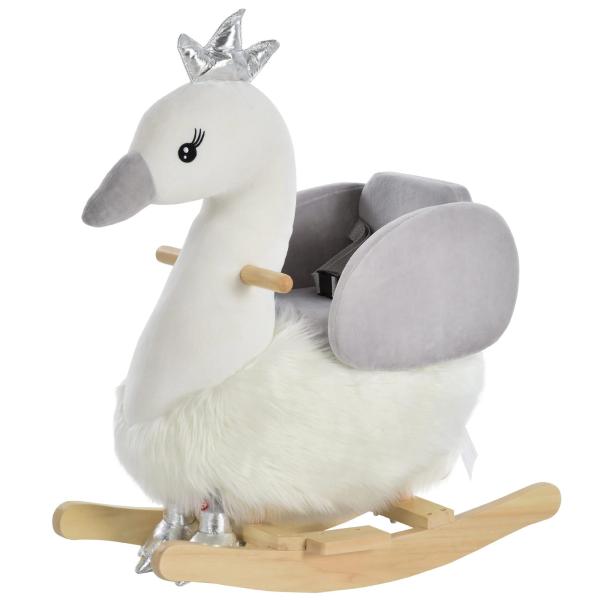 Cavalo Baloiço para Bebés com Forma de Cisnei com Sons Apoio para os Pés e Cinto de Segurança 60x33x59 cm Branco e Cinza