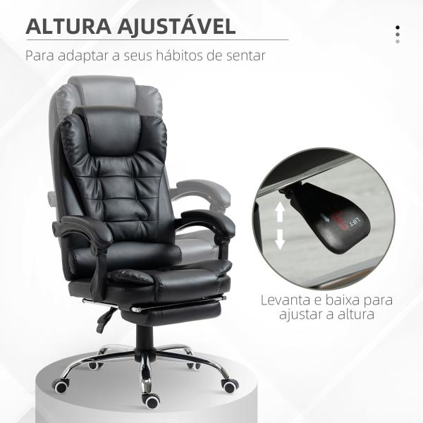 Cadeira de Escritório Reclinável Cadeira Executiva Giratória com Altura Ajustável Estofada em PU 64,5x69x109 - 117 cm Preto