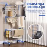 Estendal Dobrável para Roupa com Rodas Estendal Vertical de Aço com 3 Níveis Laterais Dobráveis 73x64x177cm Azul e Branco