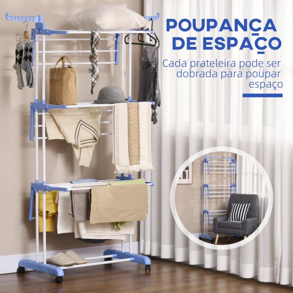 Estendal Dobrável para Roupa com Rodas Estendal Vertical de Aço com 3 Níveis Laterais Dobráveis 73x64x177cm Azul e Branco