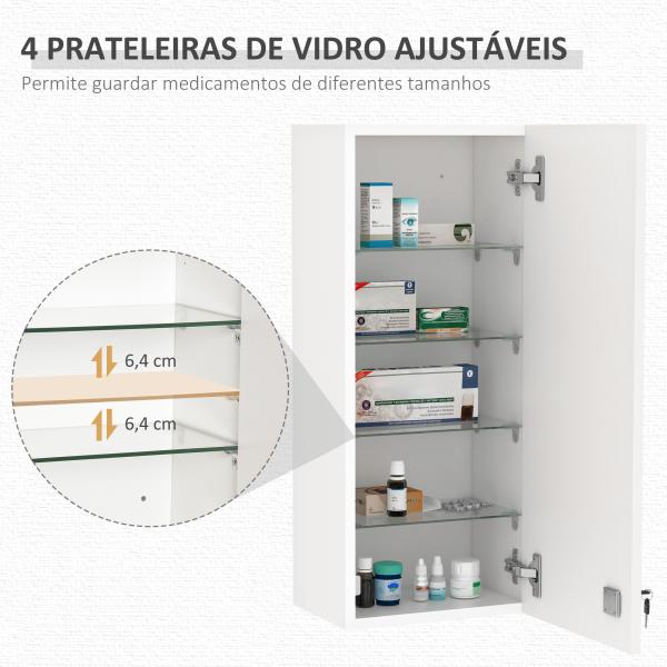 Armário de Medicamentos de Parede 5 Níveis com Prateleiras de Vidro Ajustáveis Fechadura Chaves 30x20x70 cm Branco
