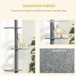 Arranhador para Gatos do Chão ao Teto com Altura Ajustável, 4 Plataformas e Poste 43x27x228 - 260 cm Cinzento