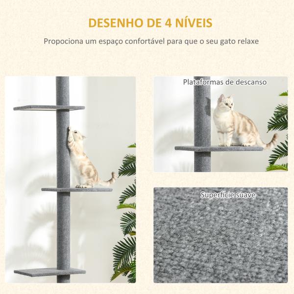 Arranhador para Gatos do Chão ao Teto com Altura Ajustável, 4 Plataformas e Poste 43x27x228 - 260 cm Cinzento