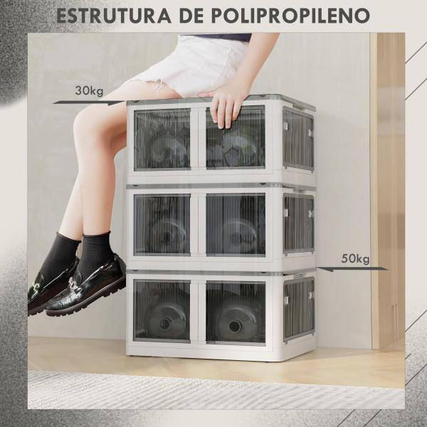 Caixa de Armazenamento Empilhável com Tampa 69L Caixa Organizadora Dobrável com Rodas 60x42x34 cm Branco
