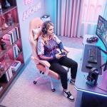 Cadeira Gaming Reclinável 155° com Suporte Lombar com Massagem Apoio de Cabeça e Apoio para os Pés 63x66x126 - 134 cm Rosa