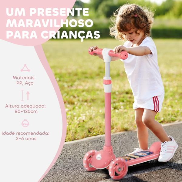 Trotinete para Crianças Trotinete com 3 Rodas LED Altura Ajustável Carga 25 kg 52x29x63 - 76 cm Rosa