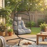 Cadeira Suspensa com Suporte Cesto Dobrável de Vime Almofada Grossa e Altura Ajustável 101x105x196 cm Cinza Claro