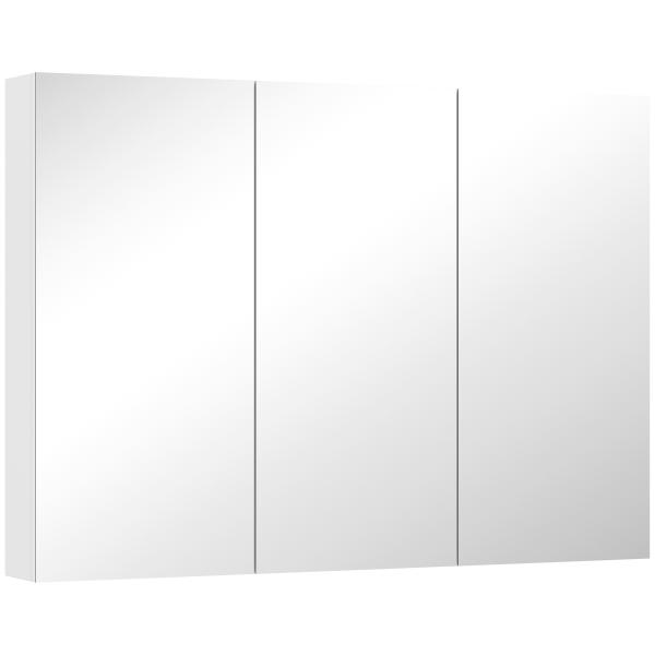 Armário de Casa de Banho com Espelho Armário de Parede Casa de Banho Suspenso com 3 Portas Prateleiras Ajustáveis 91,5x11,5x65 cm Branco
