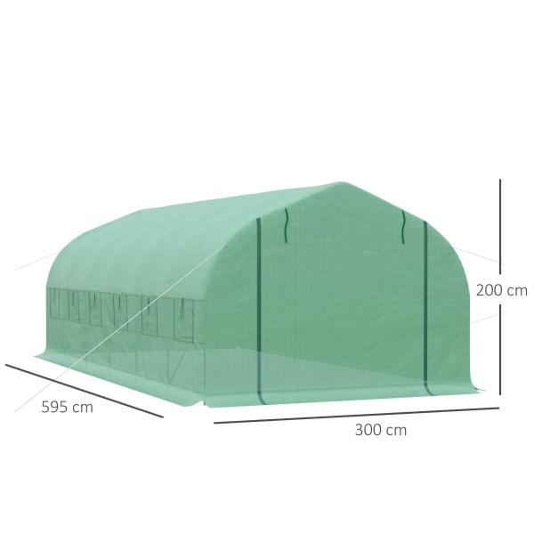 Estufa Tipo Túnel 595x300x200cm Estufa de Jardim Grande com 12 Janelas e Porta Enrolável com Zíper para Cultivo de Plantas Verde