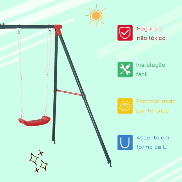 Conjunto de Baloiços para Crianças com Suporte de Metal e Corda Ajustável 220x160x180 cm Verde e Vermelho