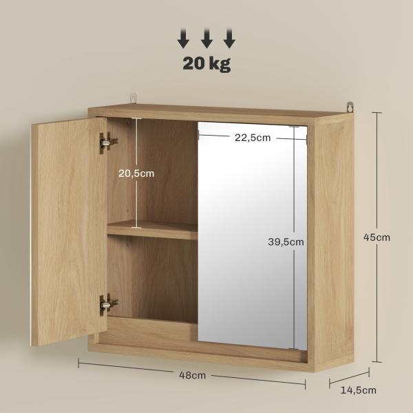 Armário de Casa de Banho com Espelho Móvel Suspenso de Casa de Banho com Prateleira Interior Ajustável 48x14,5x45 cm Madeira